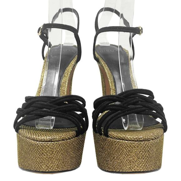 Alexandre Birman Berthe Black Suede & Gold Metallic Platform Sandals - Picture 4 of 9
